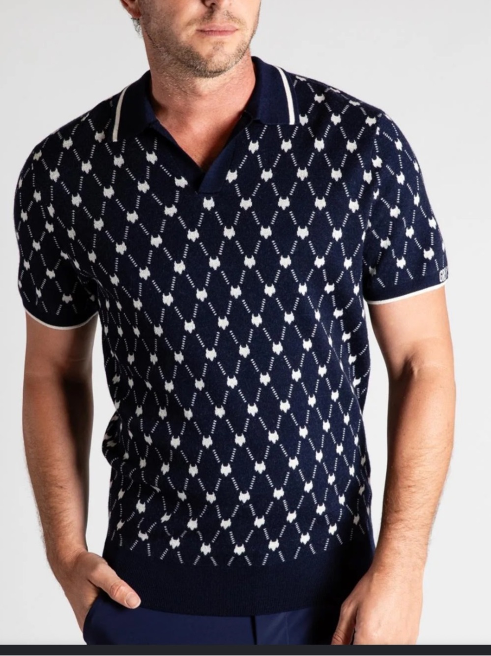 Greyson Navy Polo with White Geometric Knit large
